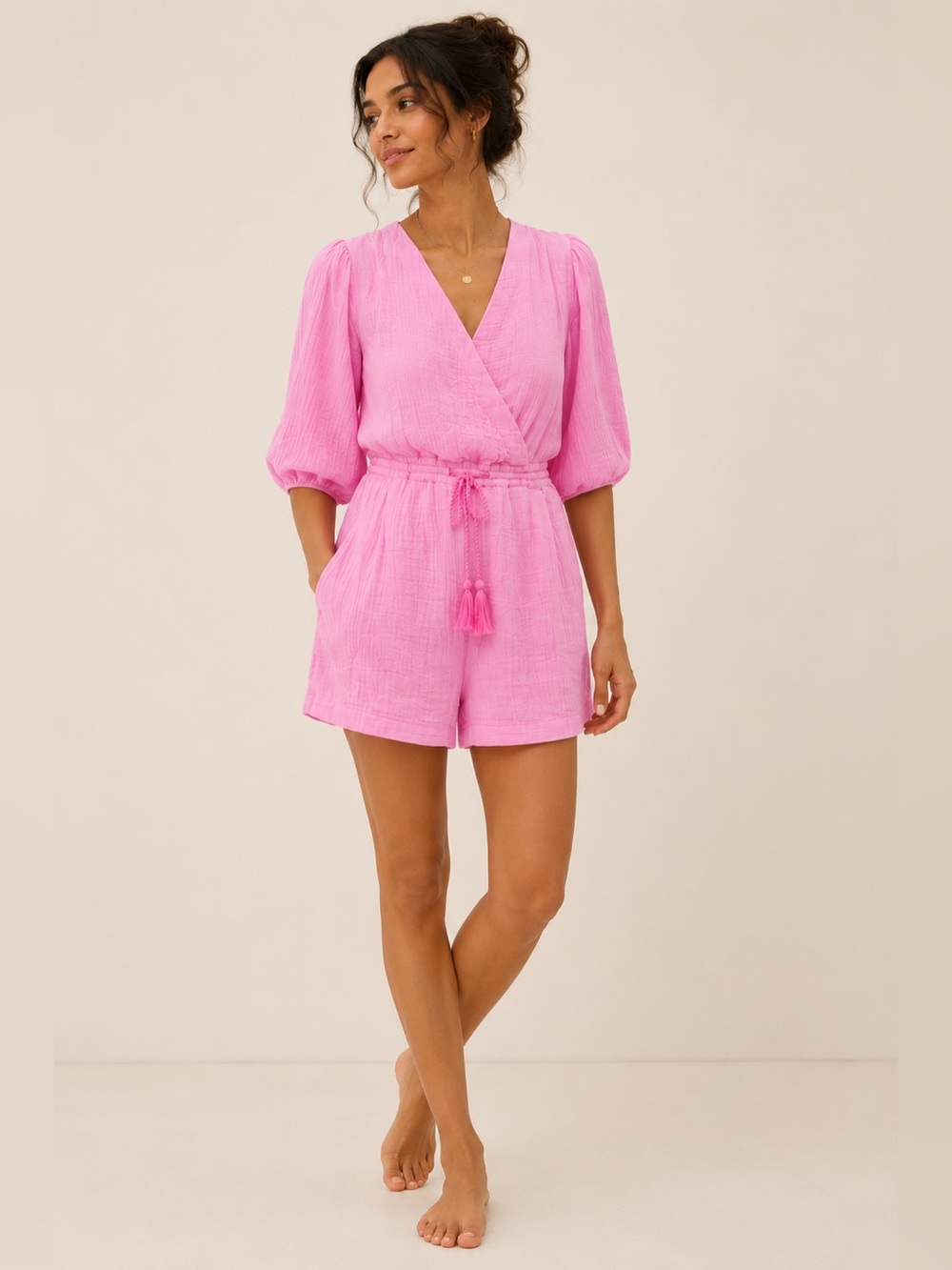 By Anthropologie Womens Celia Gauze Romper Pink Puff Sleeve Size Small Coastal